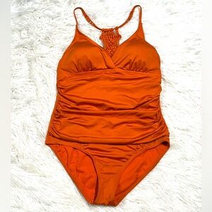 Hilor Macrame Back Shirred Halter One Piece Tummy Control Swimsuits Swimwear